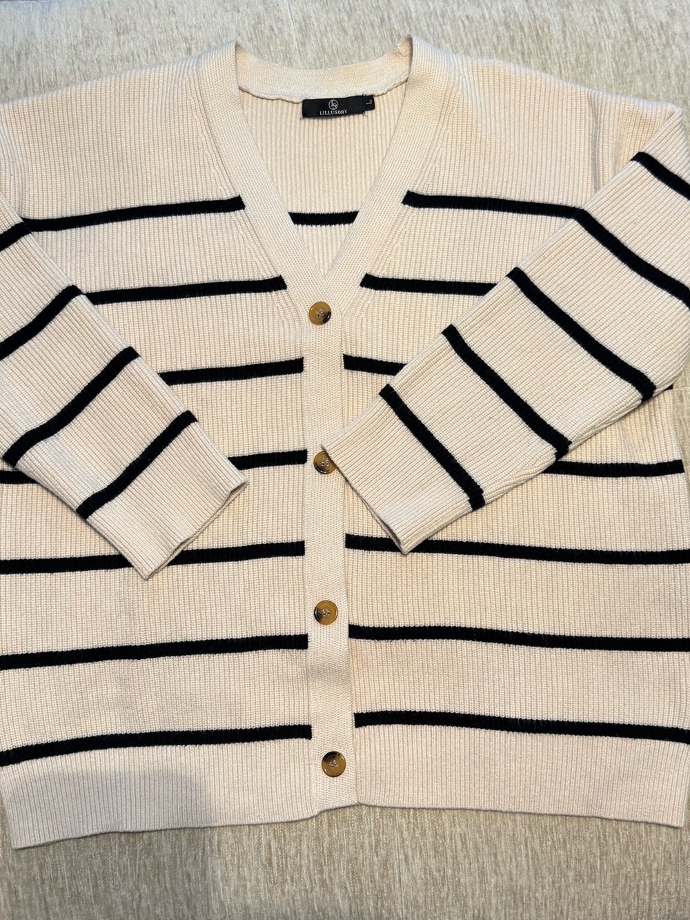 Womens Cream & Black Striped V-Neck Button Cardigan size Large